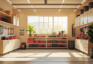 Organized, modern garage featuring custom cabinets, slatwall storage, and overhead racks in a Goodyear, AZ home
