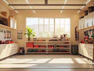 Organized, modern garage featuring custom cabinets, slatwall storage, and overhead racks in a Goodyear, AZ home