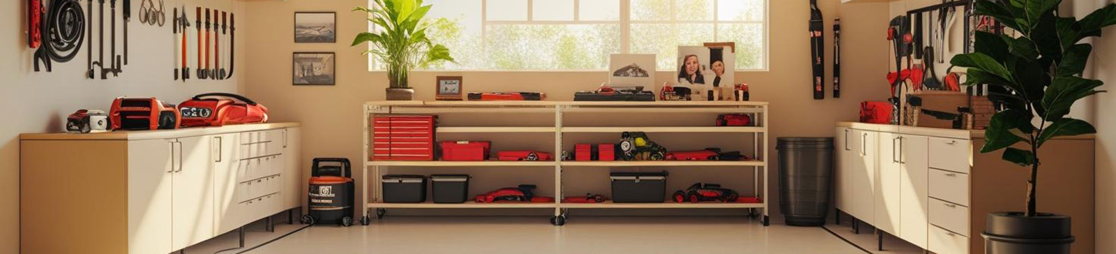 Organized, modern garage featuring custom cabinets, slatwall storage, and overhead racks in a Goodyear, AZ home