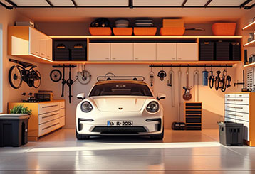 Modern garage in Goodyear, AZ organized with slatwalls, overhead storage, and custom cabinets