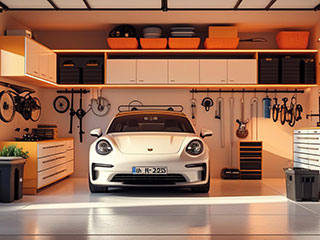 Modern garage in Goodyear, AZ organized with slatwalls, overhead storage, and custom cabinets