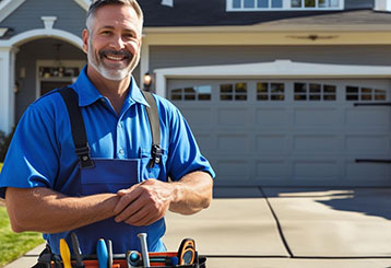 Technician repairing a residential garage door in Goodyear, AZ with tools and replacement parts