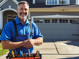 Technician repairing a residential garage door in Goodyear, AZ with tools and replacement parts
