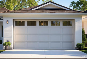 Contemporary residential garage door with windows, recently replaced by Garage Door Repair Goodyear