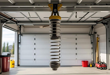 Technician replacing a garage door spring with safety equipment in Goodyear, AZ garage